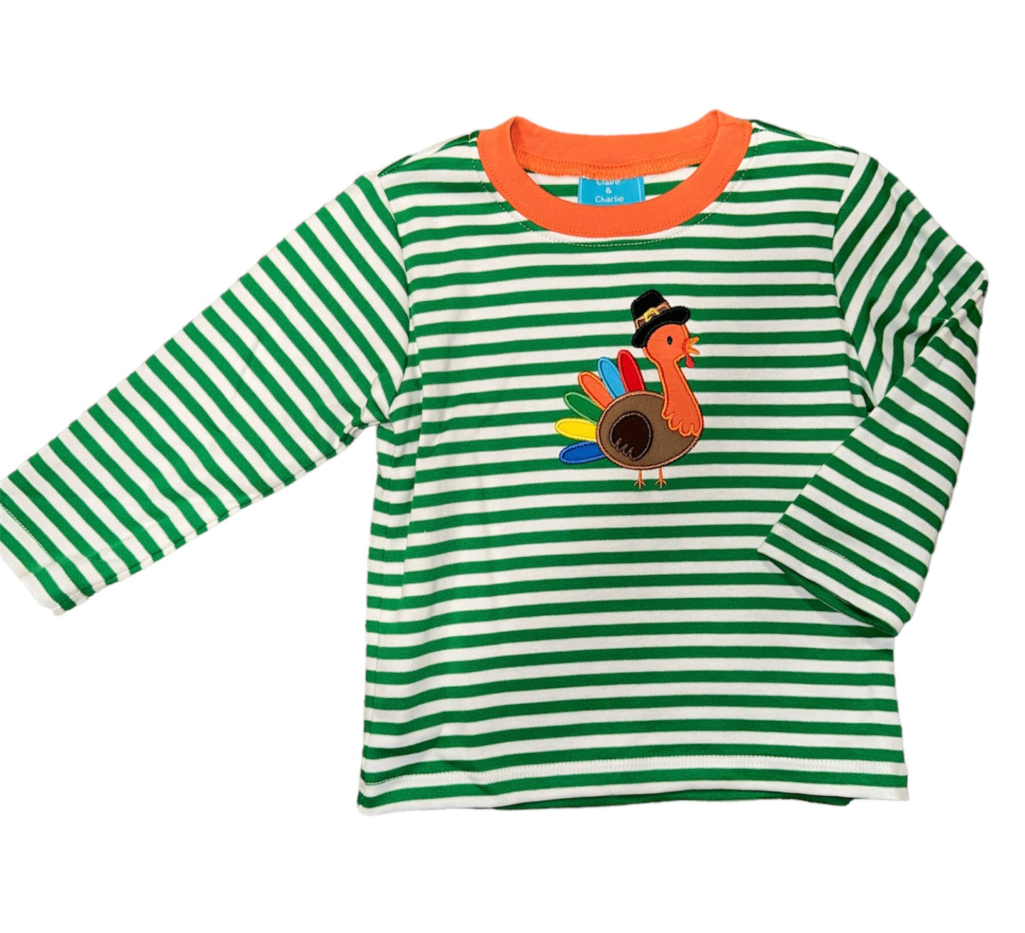 Turkey Boy Applique Green Stripe Knit Shirt