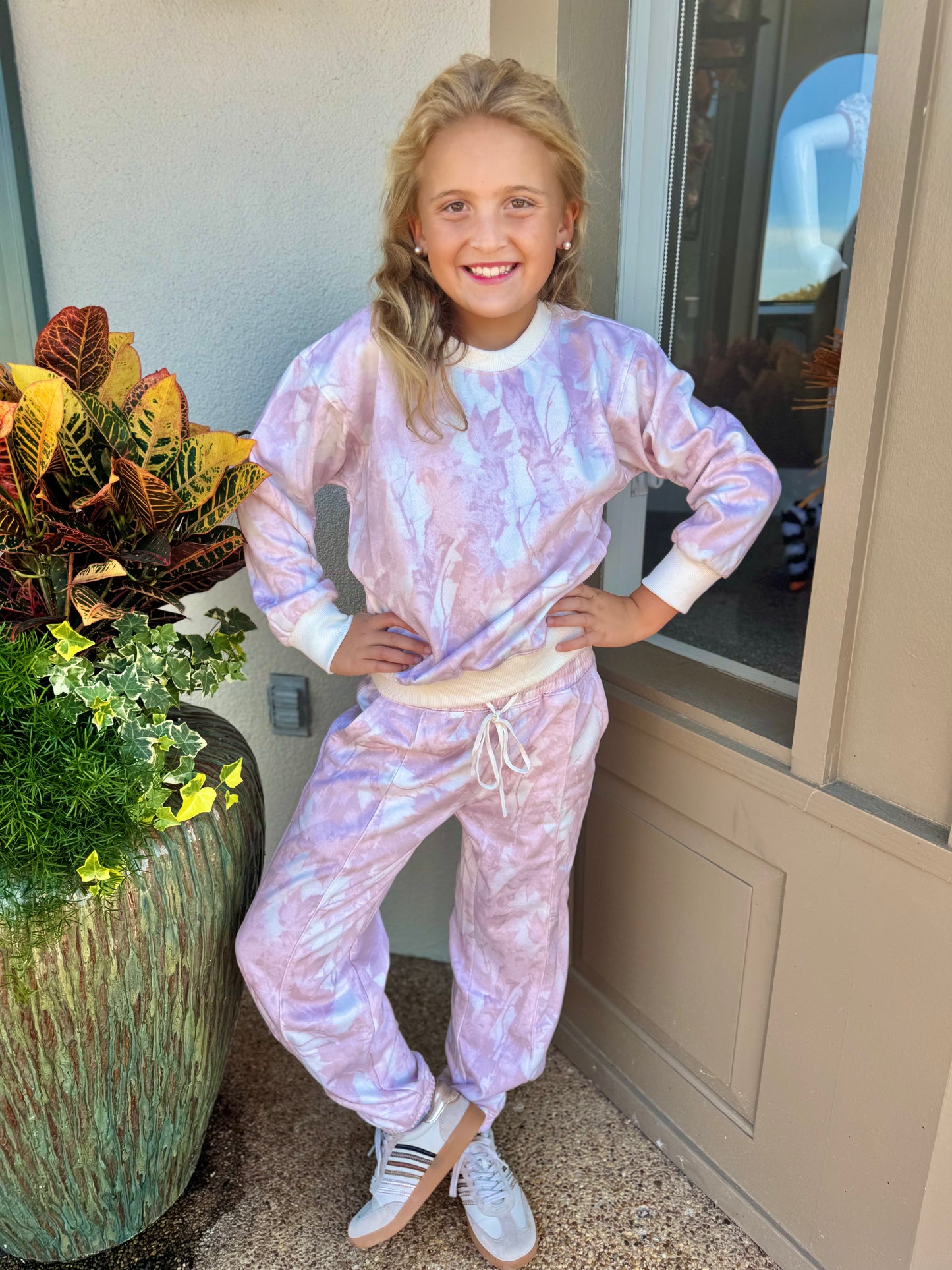 Peach Love Leaf Print Fleece Sweatsuit