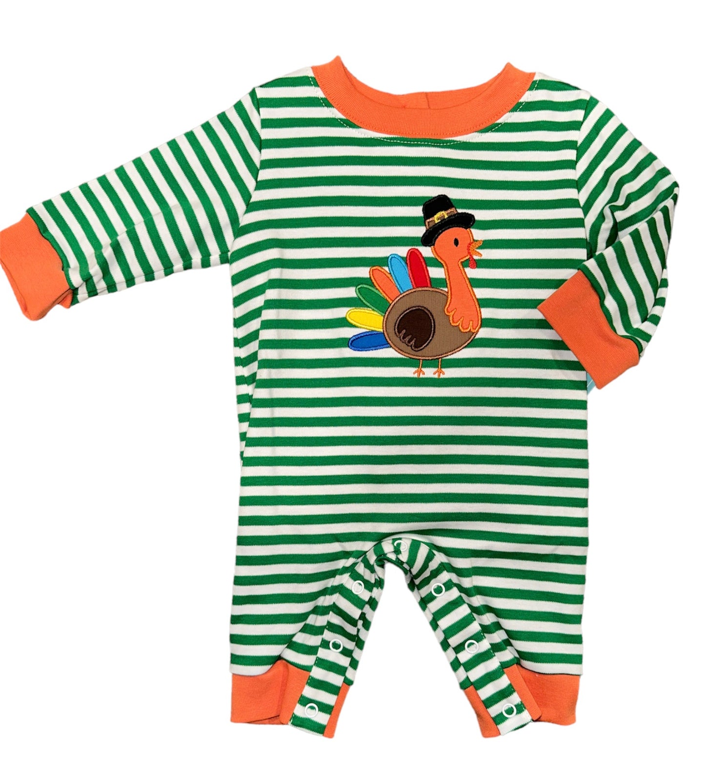 Turkey Boy Applique Green Stripe Knit Romper