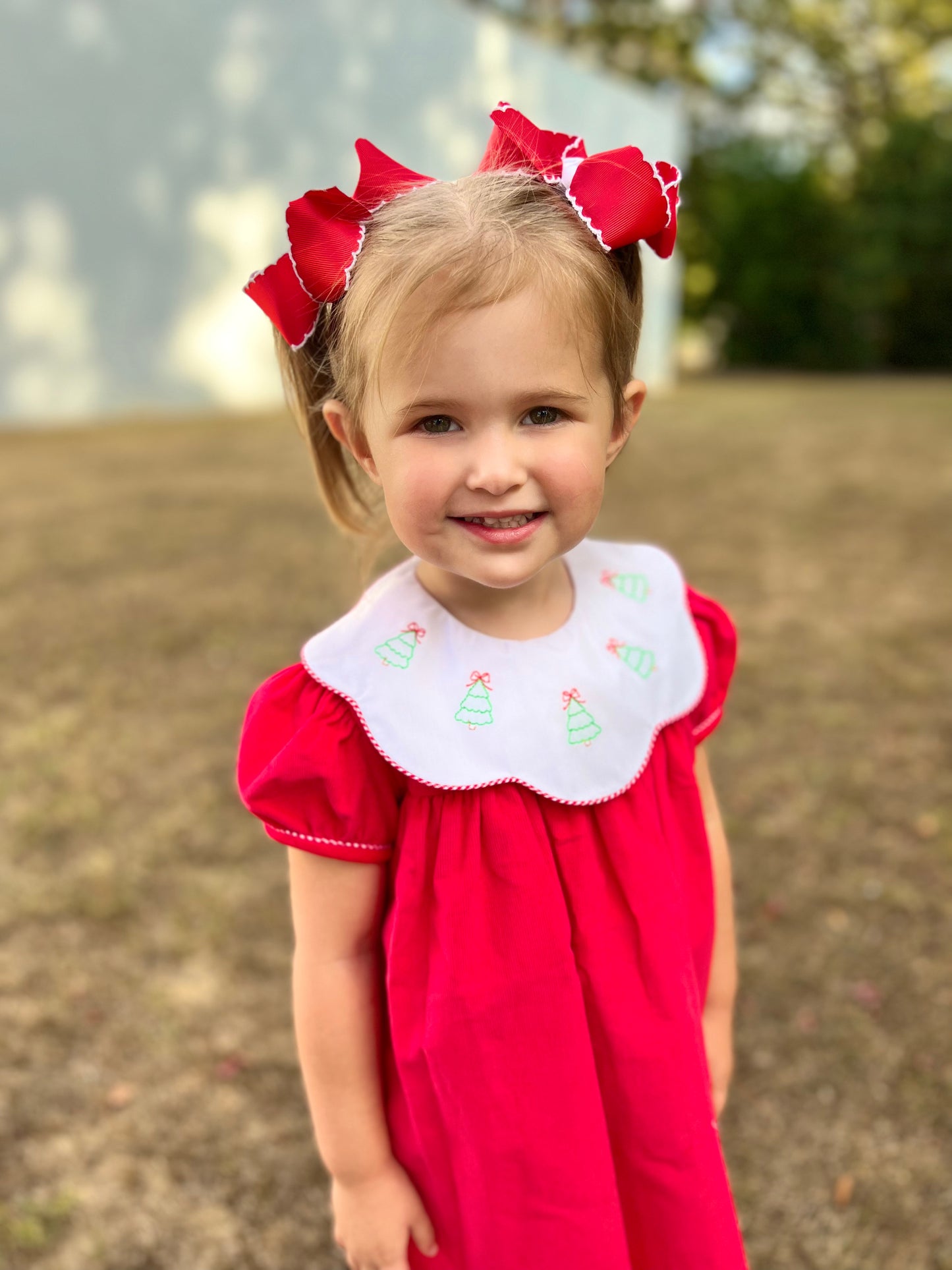 Red Corduroy Christmas Tree Bow Dress