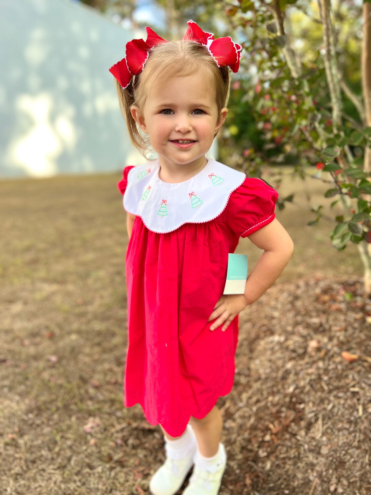 Red Corduroy Christmas Tree Bow Dress