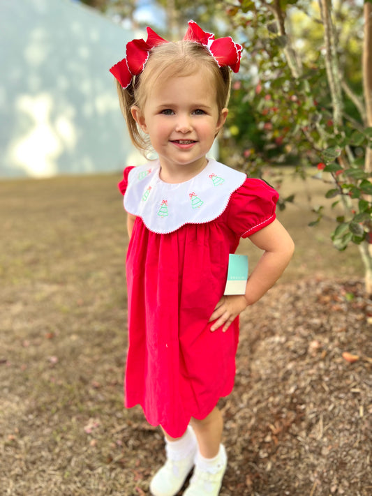 Red Corduroy Christmas Tree Bow Dress