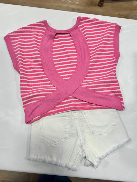 Hayden Girl Open Tulip Back Stripe Knit Tee - Pink