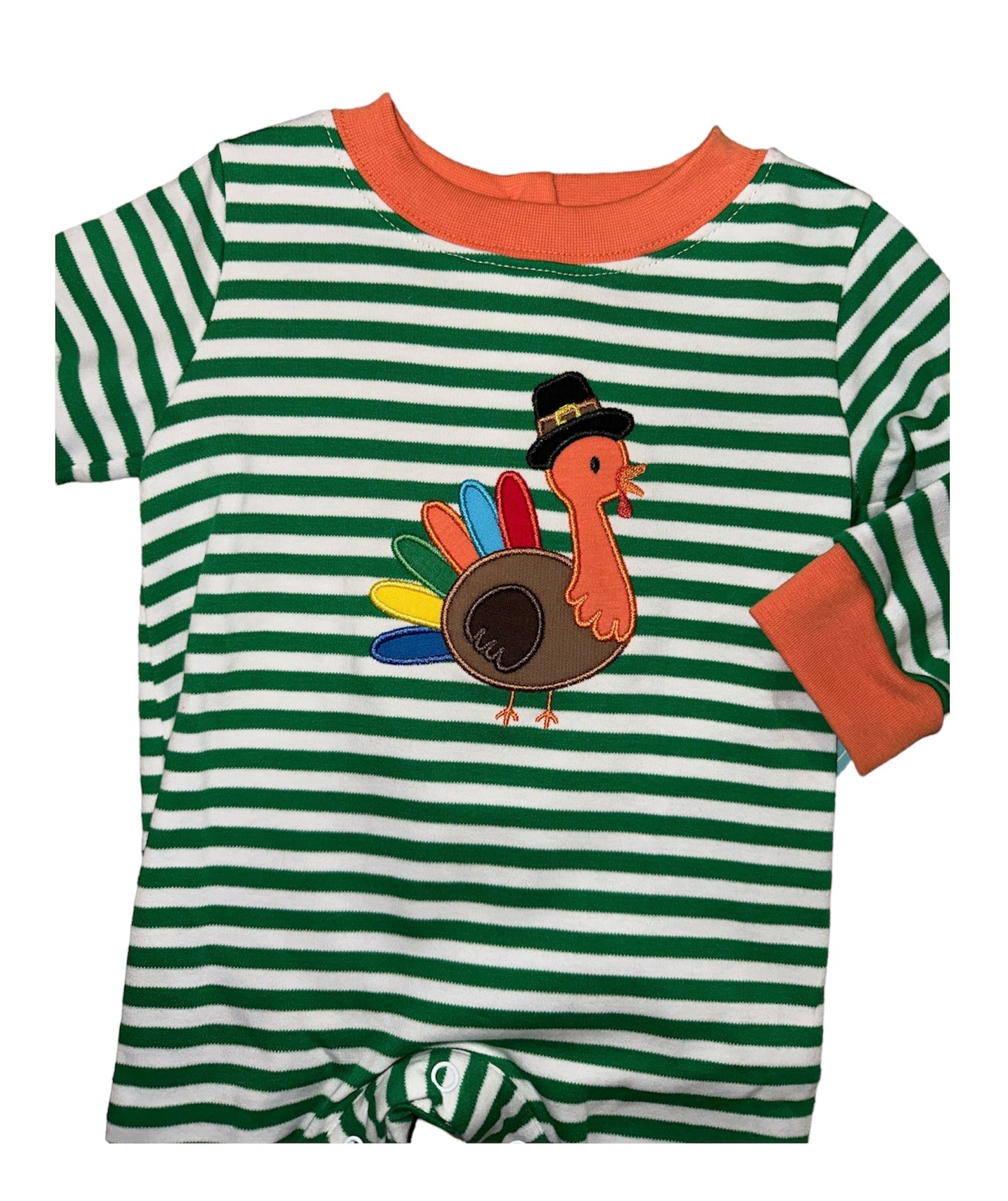 Turkey Boy Applique Green Stripe Knit Romper