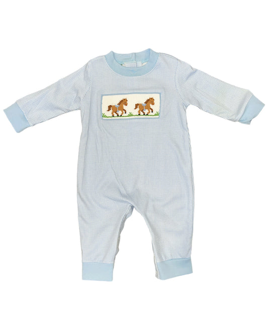 Blue Gingham Knit Smocked Horse Long Romper