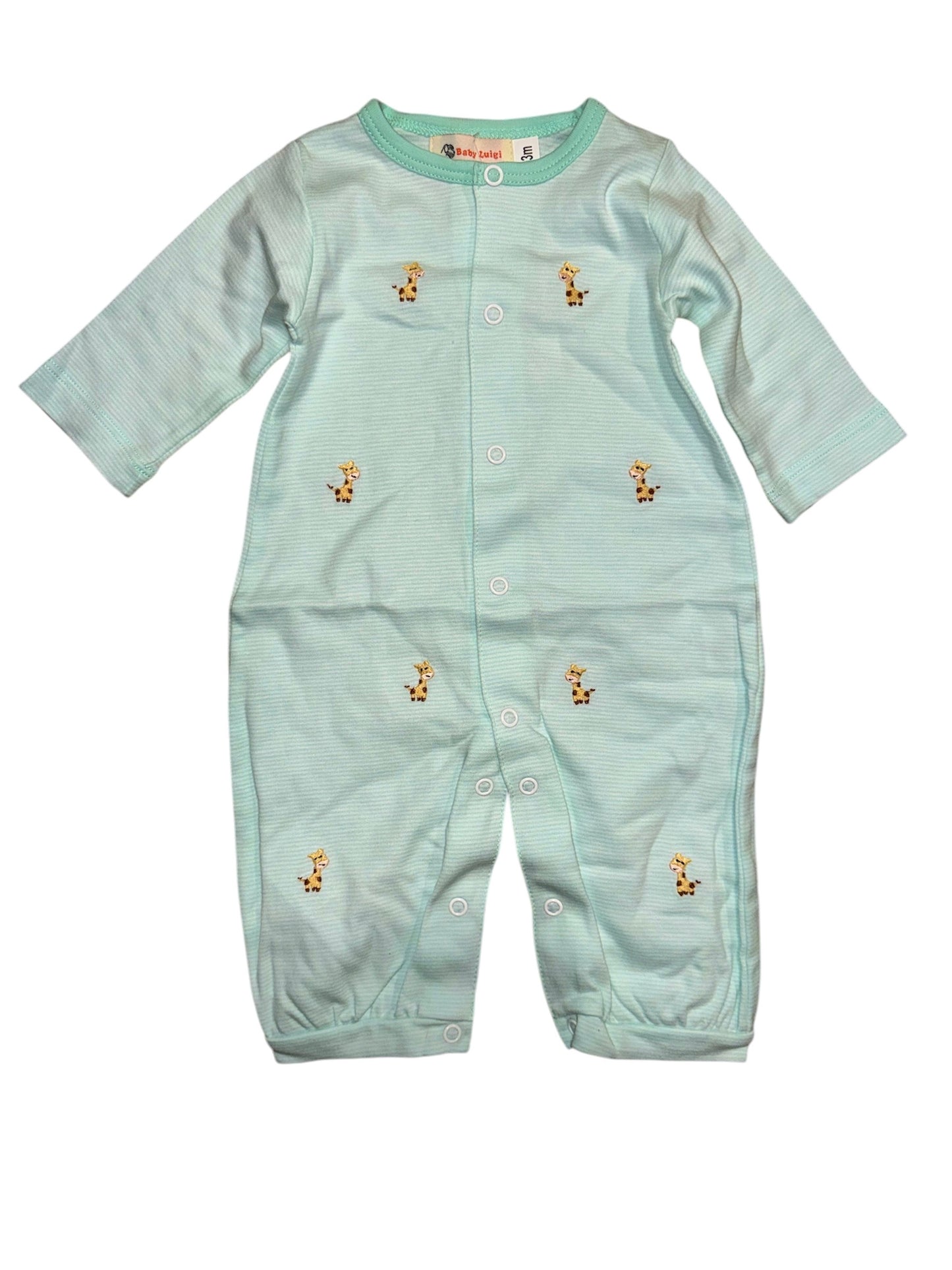 Jade/White Stripe Emb Giraffes Playsuit