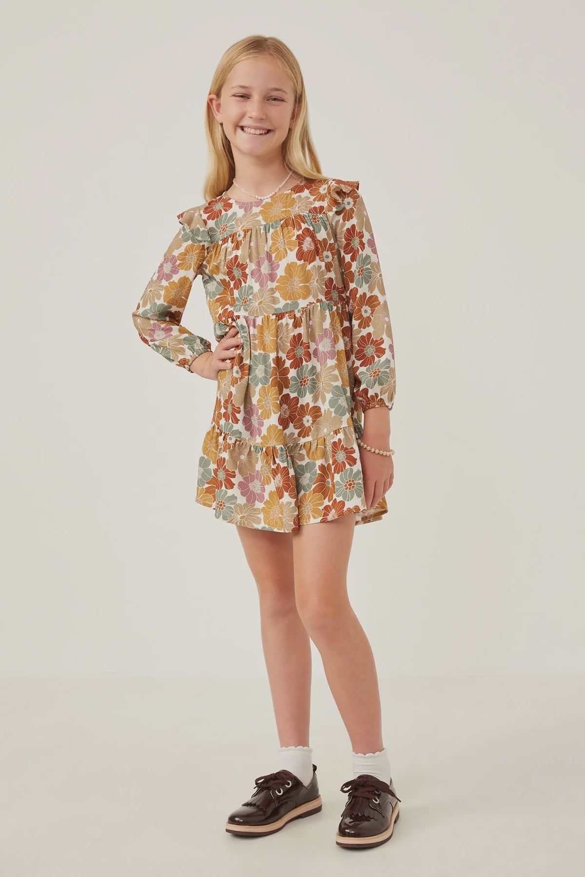 Hayden Girl Mixed Floral Print Ruffle Shoulder Dress