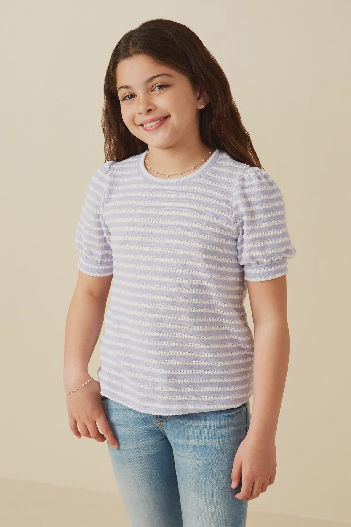 Hayden Girl Textured Stripe Puff Sleeve Top-Lavender