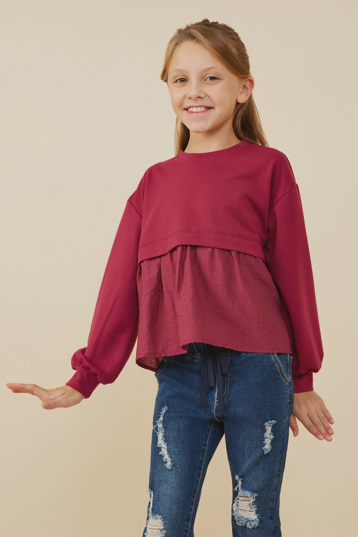 Hayden Girl Mix Media French Terry Knit - Berry