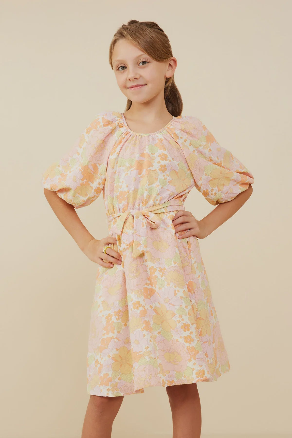 Hayden Girl Peach Mix Floral Puff Sleeve Dress