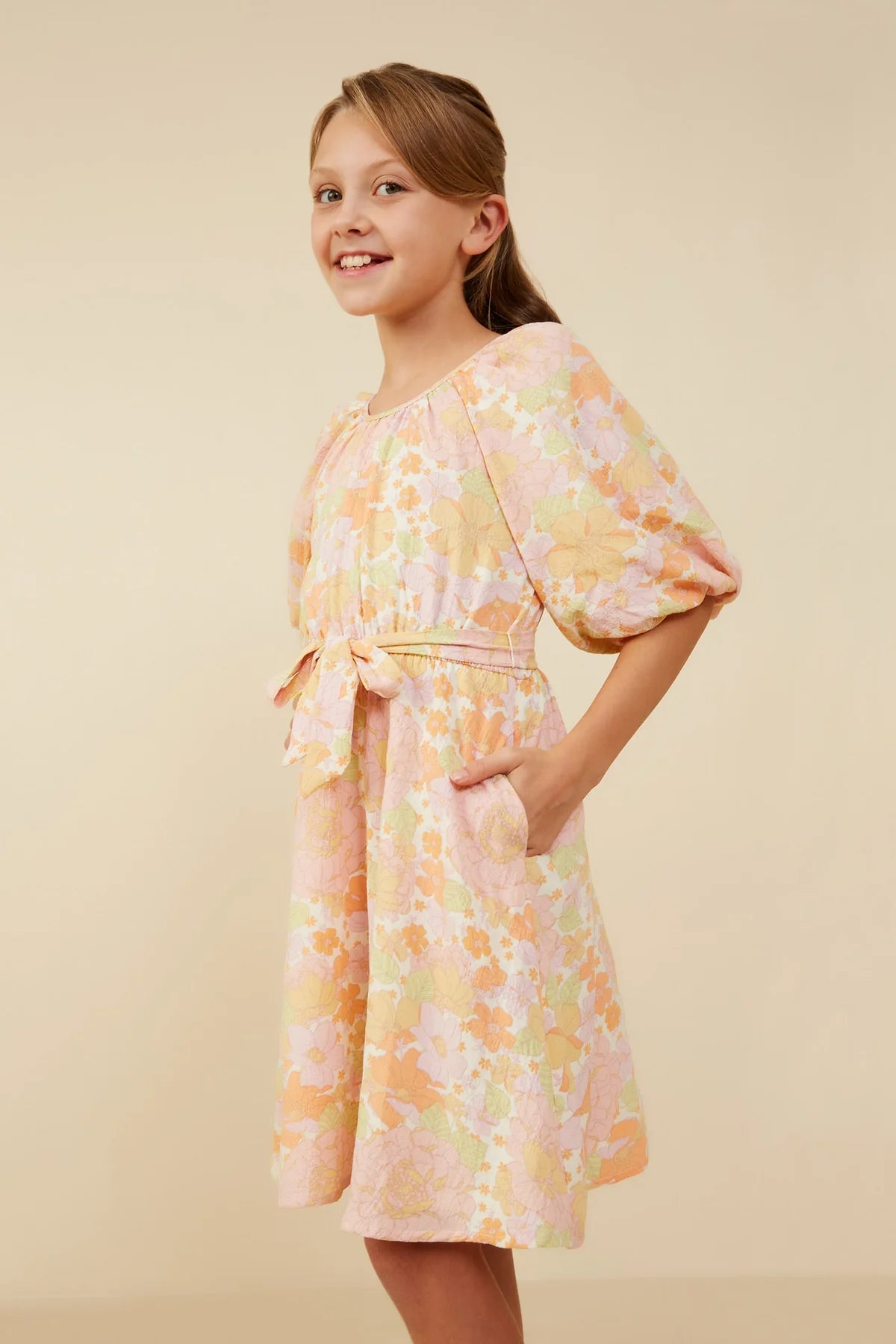 Hayden Girl Peach Mix Floral Puff Sleeve Dress