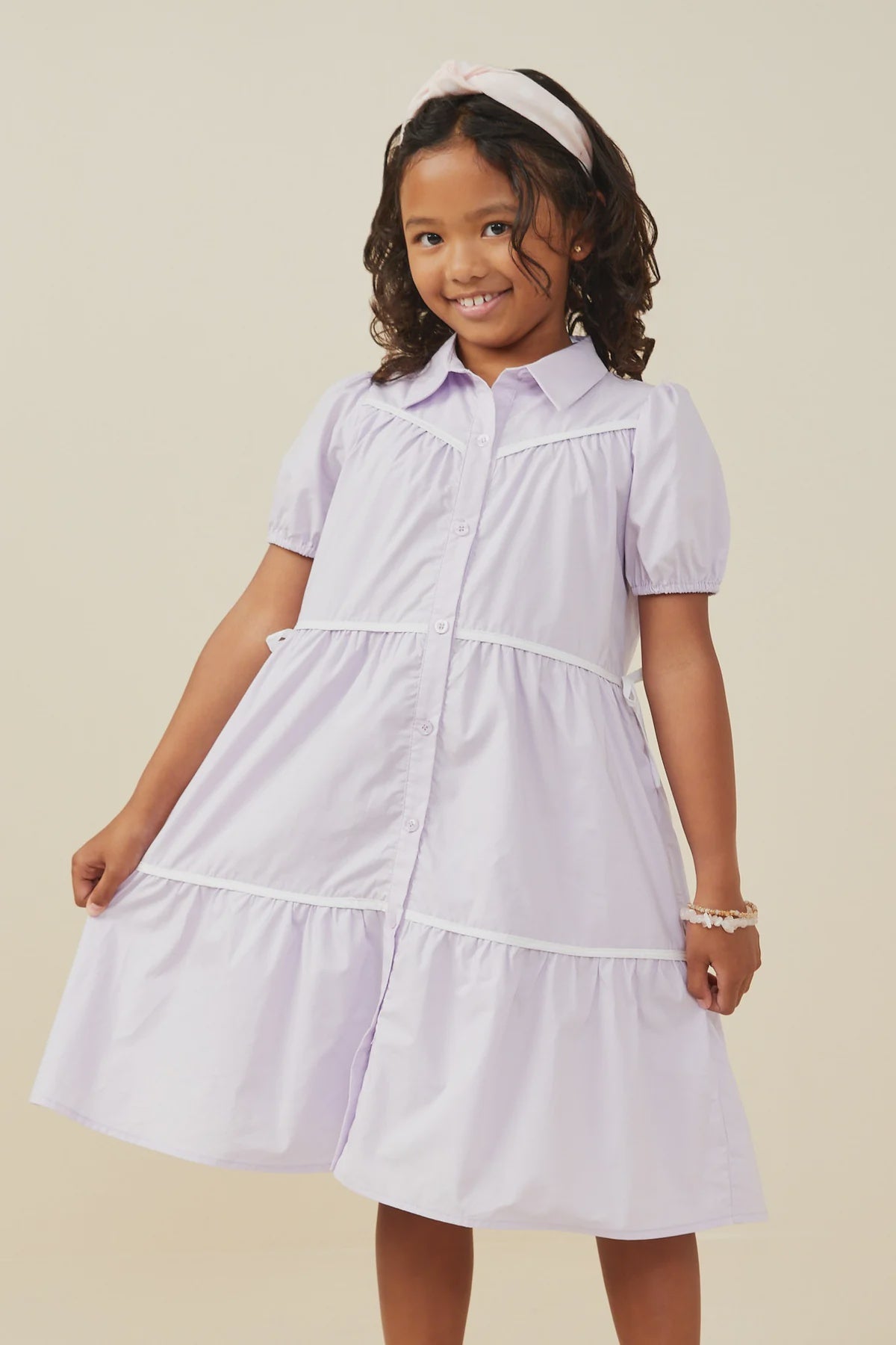 Hayden Girl Contrast Piping Button Dress - Lavender
