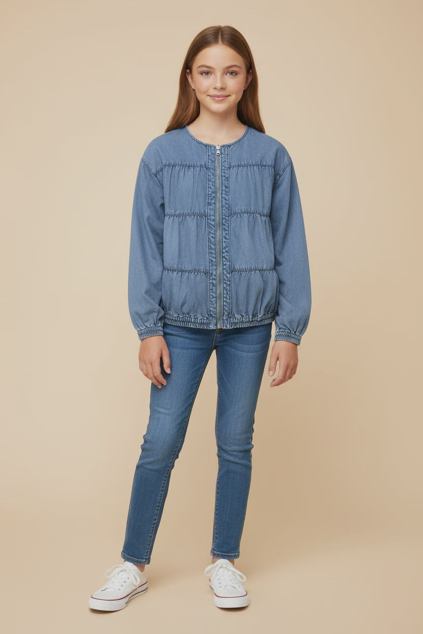 Hayden Girl Gathered Detail Batwing Sleeve Denim Jacket