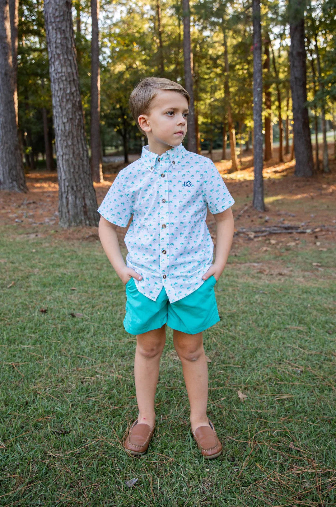 Boys Short Sleeve Fishing Shirt Palm Tree White