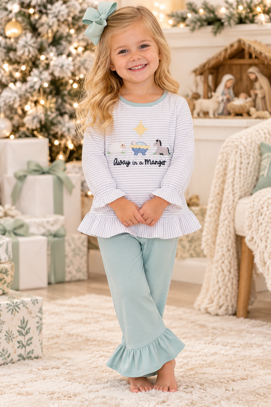 Three Sisters Away in a Manger Ruffle Pant Set