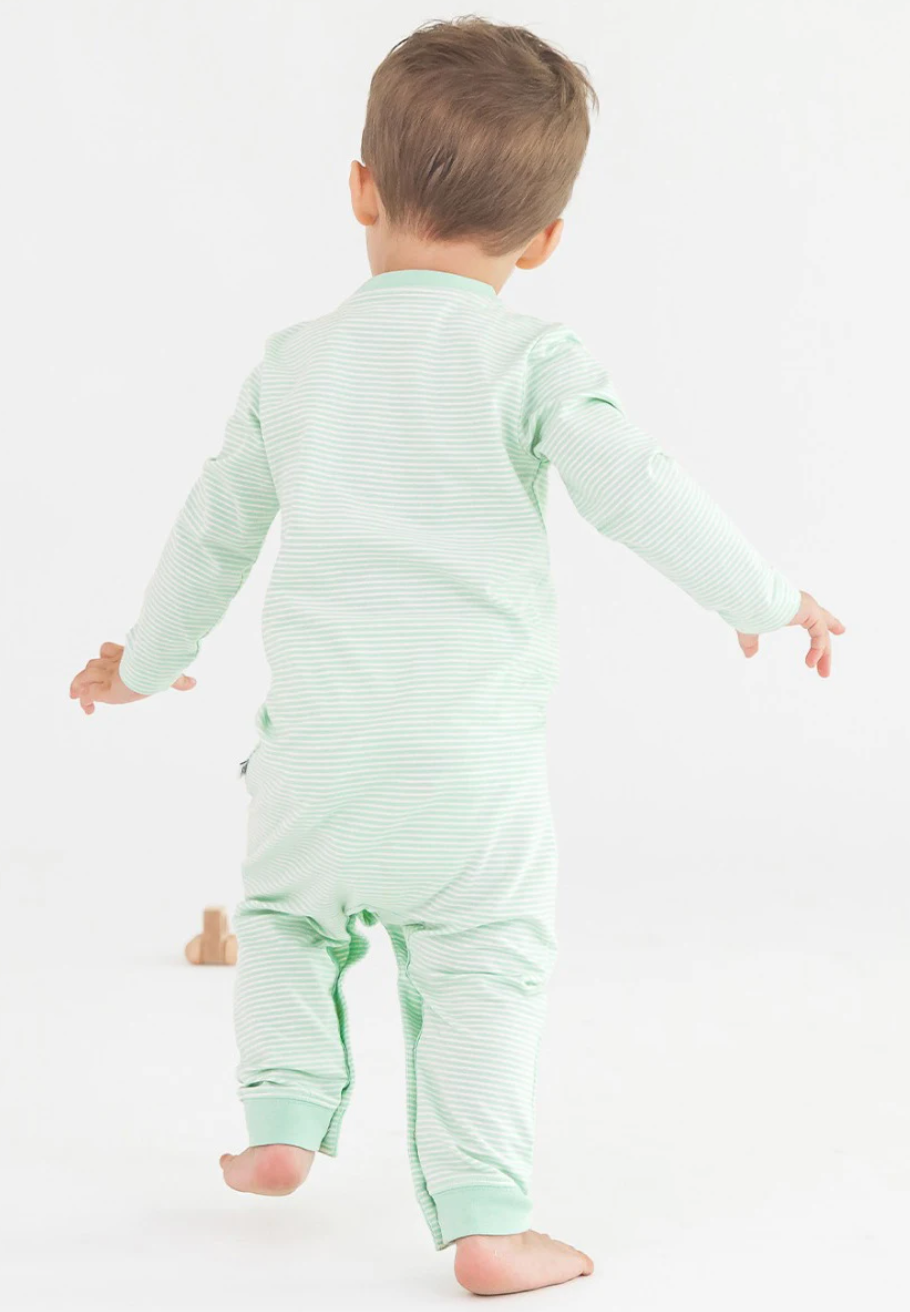 Knit Henley Pocket Romper Tiny Mint Stripe