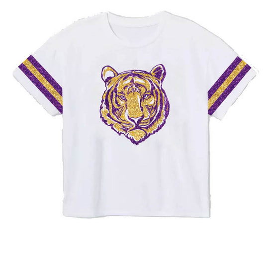 Game Day Glitter Boxy Tee Purple/Gold Tiger