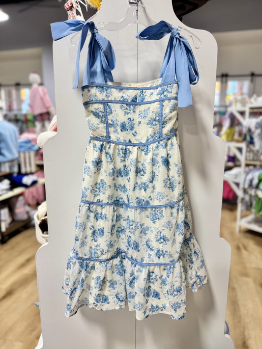 Peach Love Lt. Blue Contrast Shoulder Tie Floral Printed Maxi