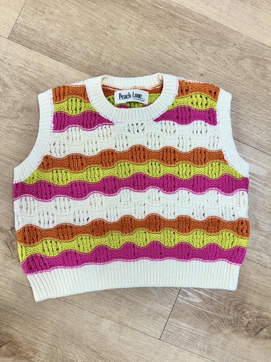 Peach Love Ivory/Fushia Wavy Crochet Sweater Vest