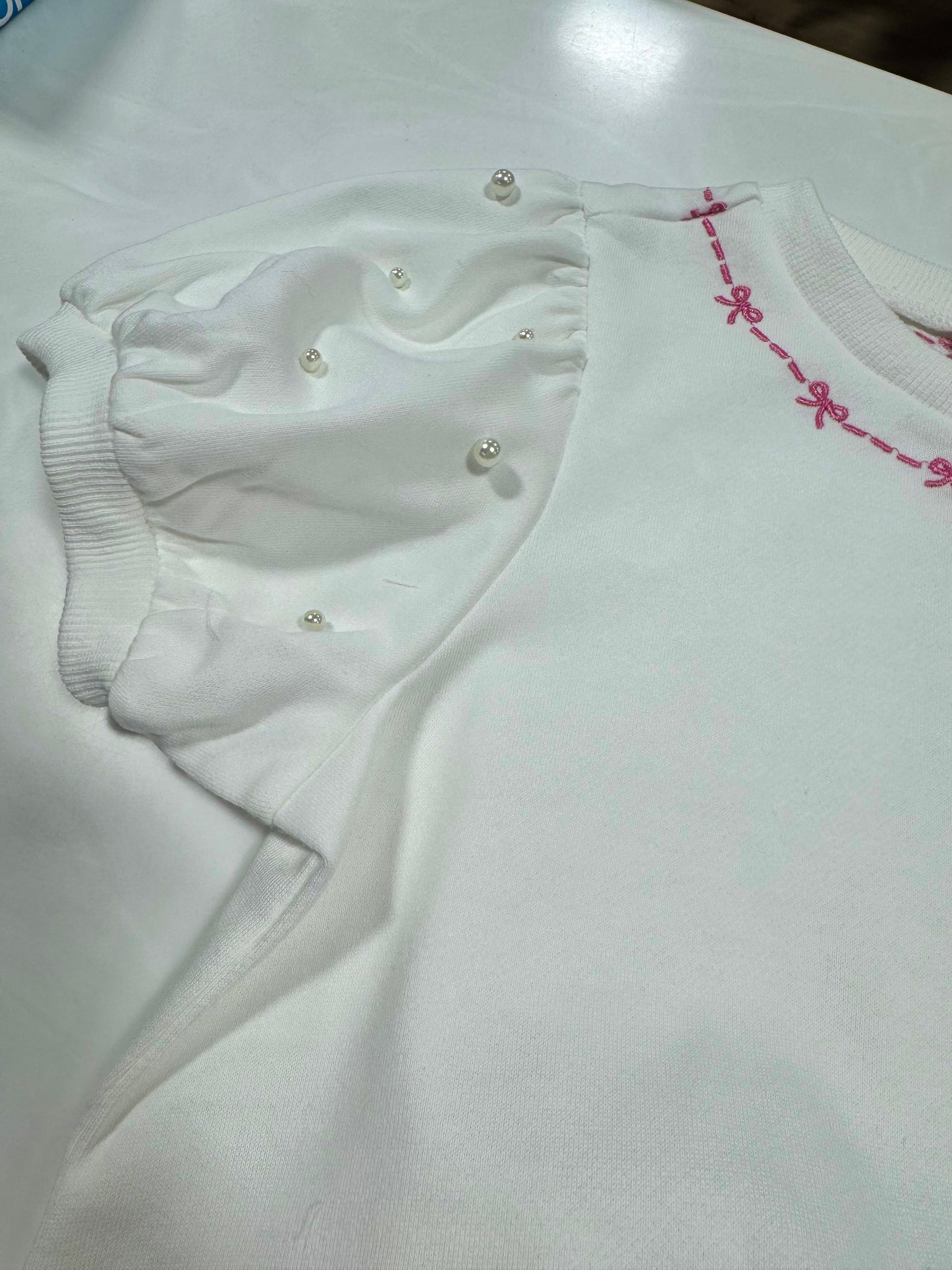 Peach Love Off White Bow Emb. & Pearl Puff Sleeve Skort Set