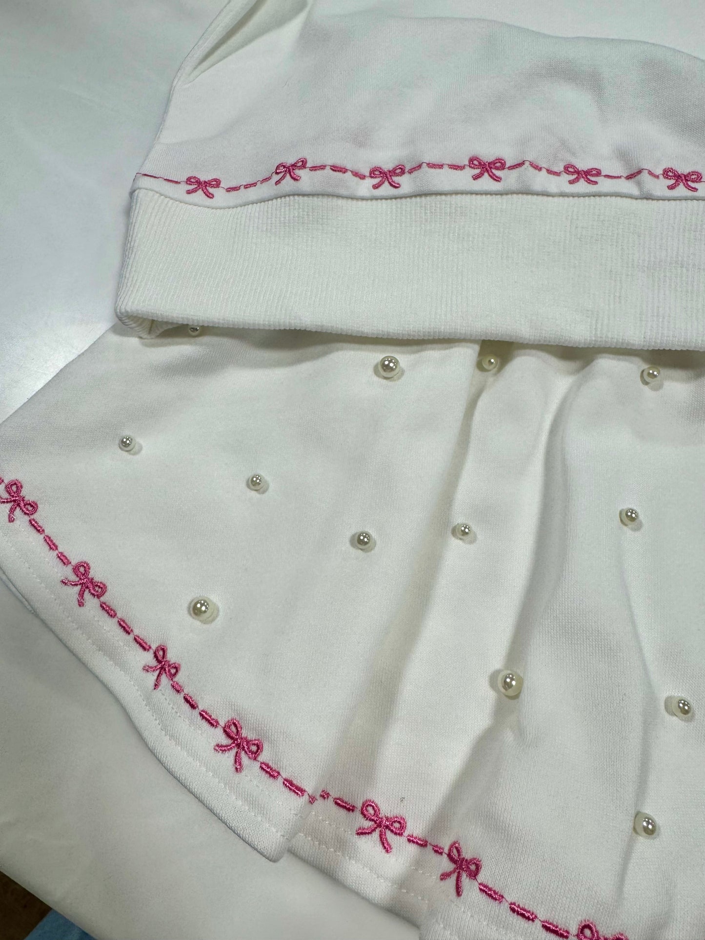 Peach Love Off White Bow Emb. & Pearl Puff Sleeve Skort Set