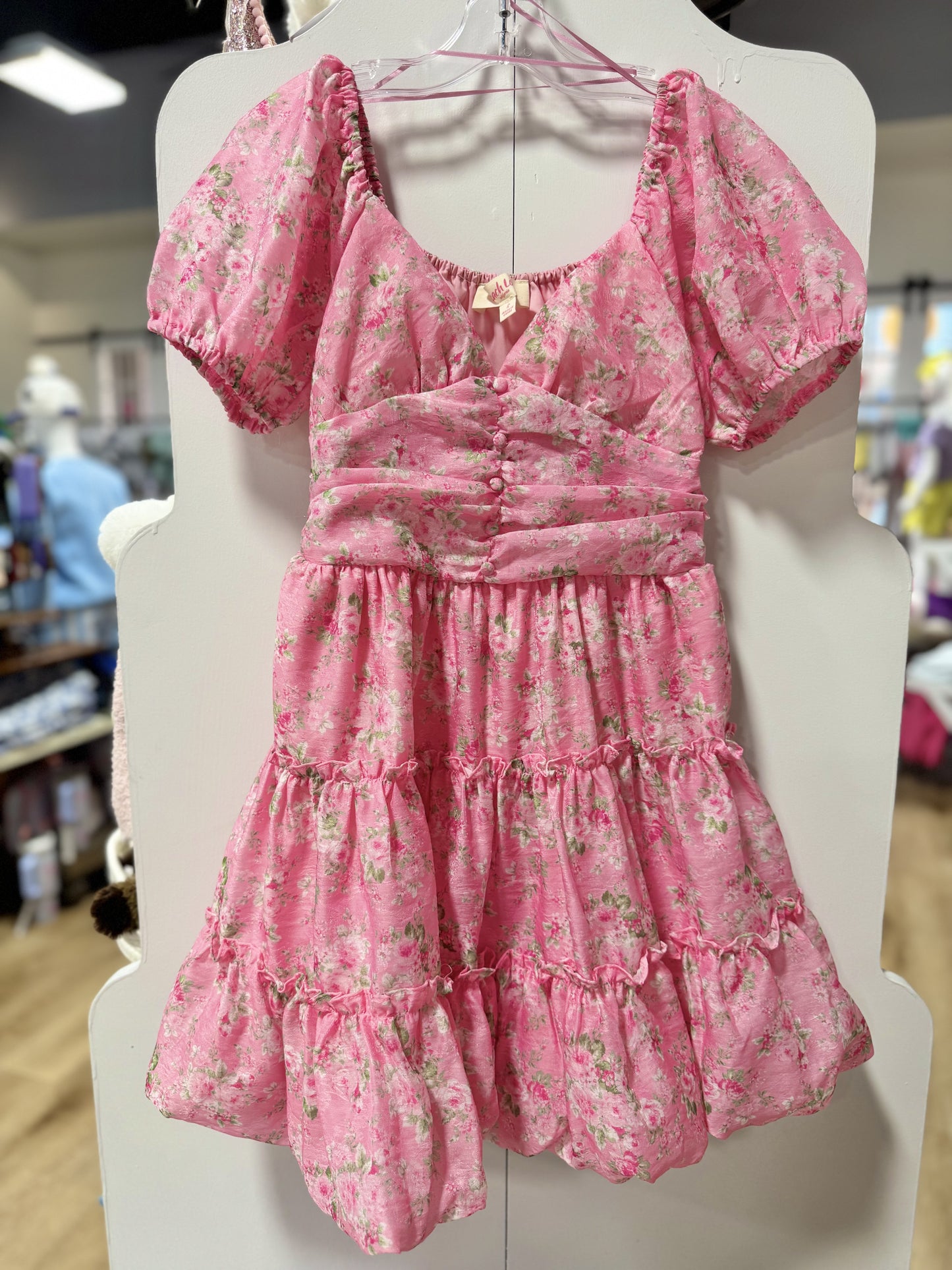 Peach Love Pink Floral Front Button Detail Bubble Hem Dress