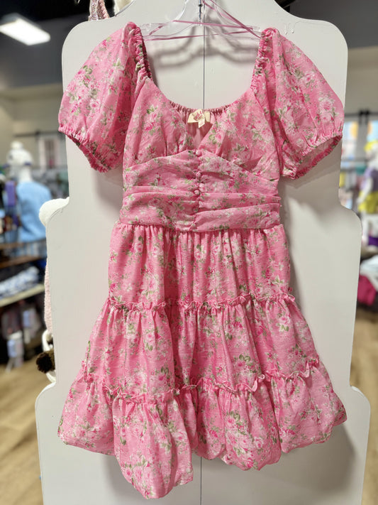 Peach Love Pink Floral Front Button Detail Bubble Hem Dress