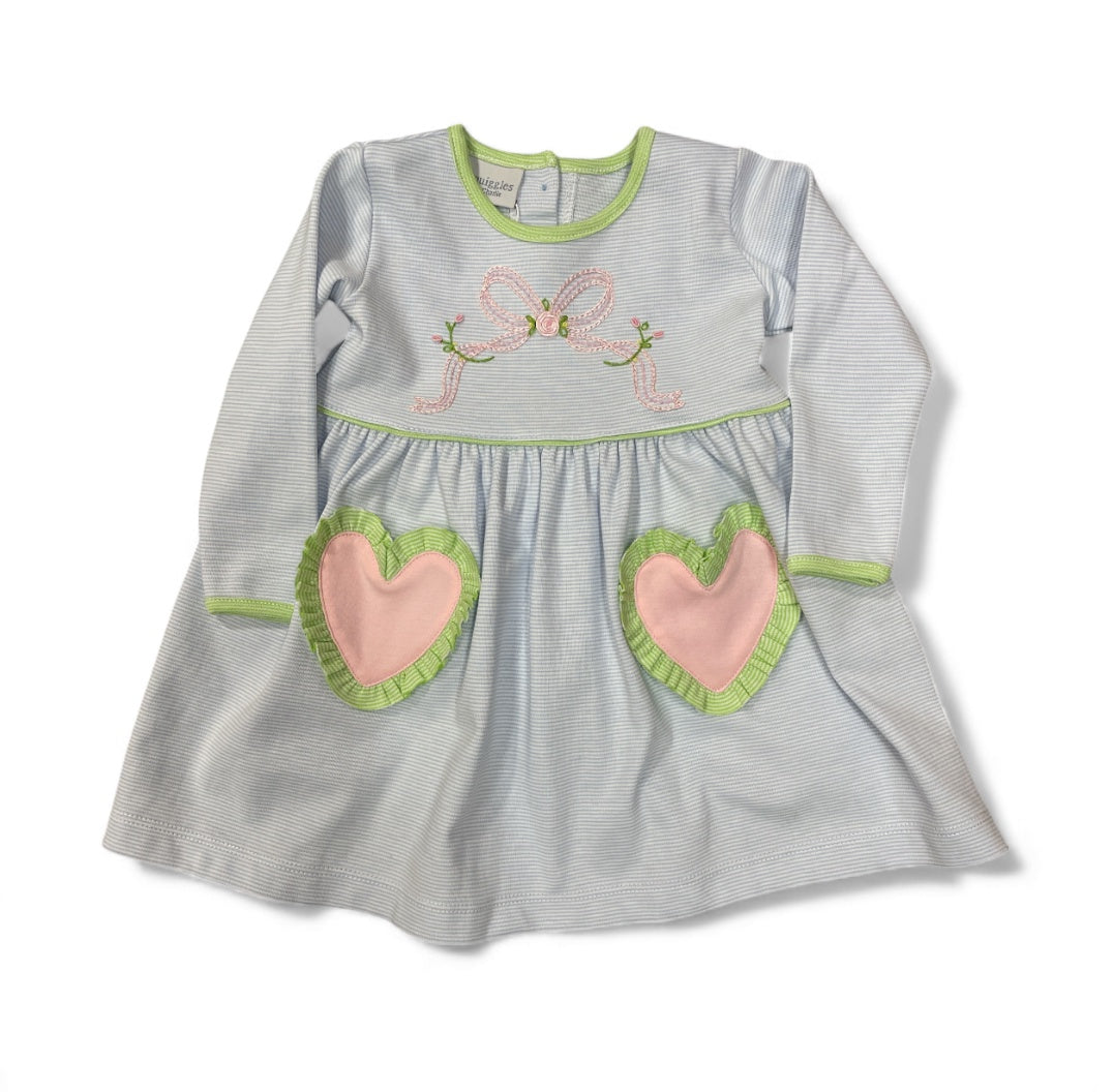Squiggles Embroidery Bow Heart Pocket Dress
