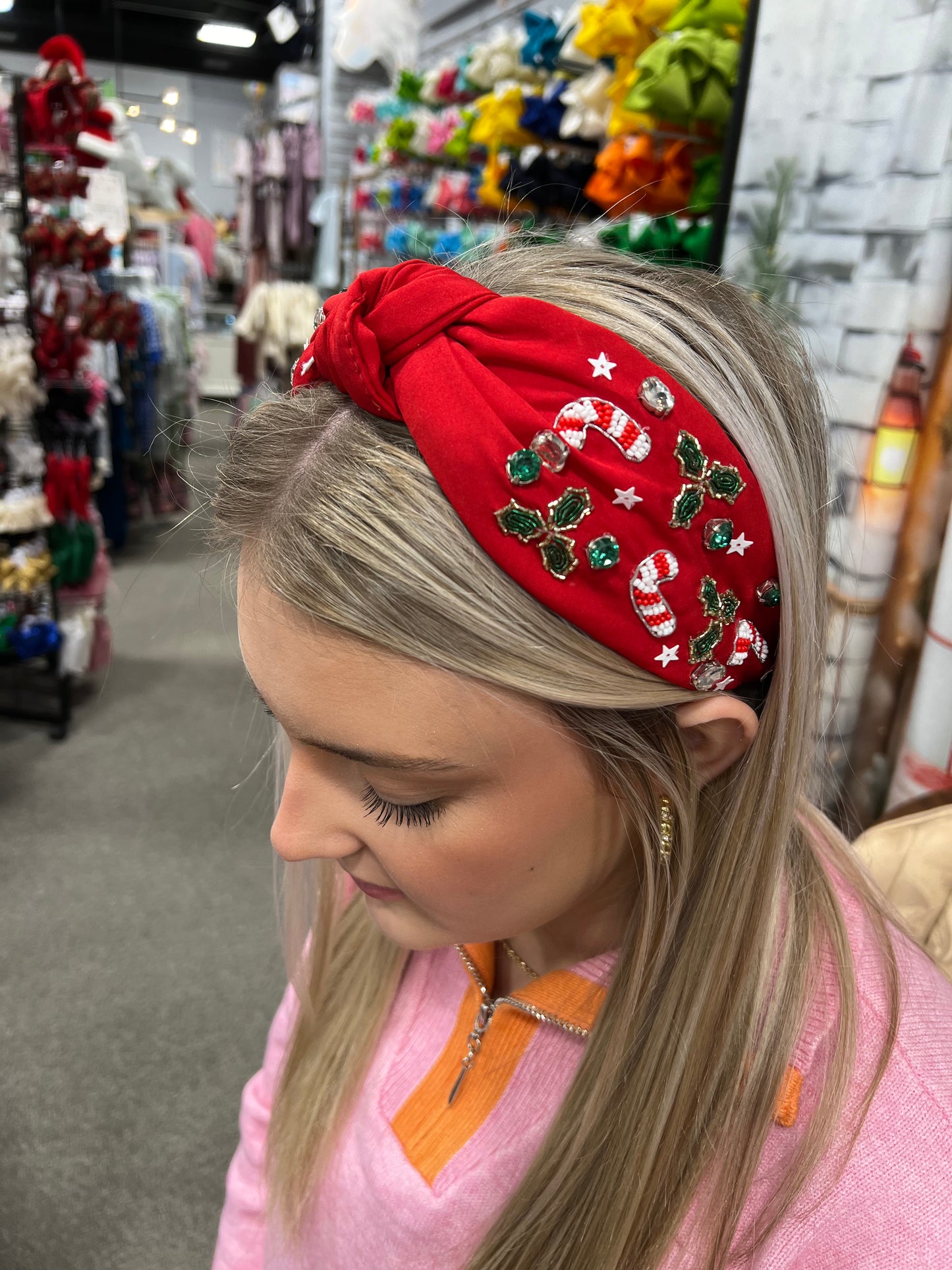 Candy Cane & Mistletoe Red Headband