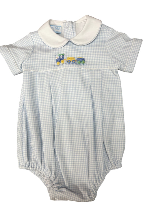 Petit Bebe Lt Blue Gingham Knit Bubble S/S with Train