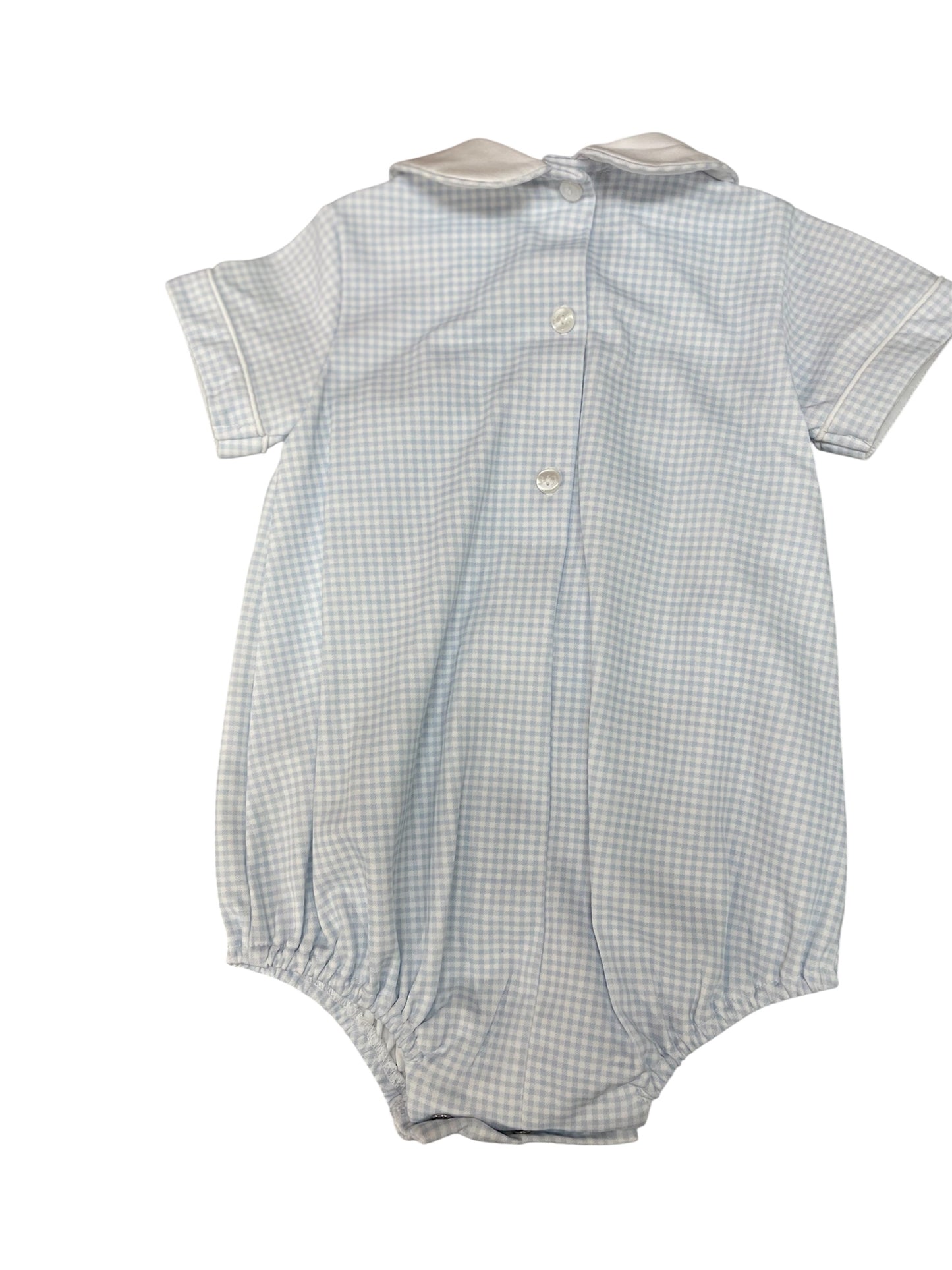 Petit Bebe Lt Blue Gingham Knit Bubble S/S with Train
