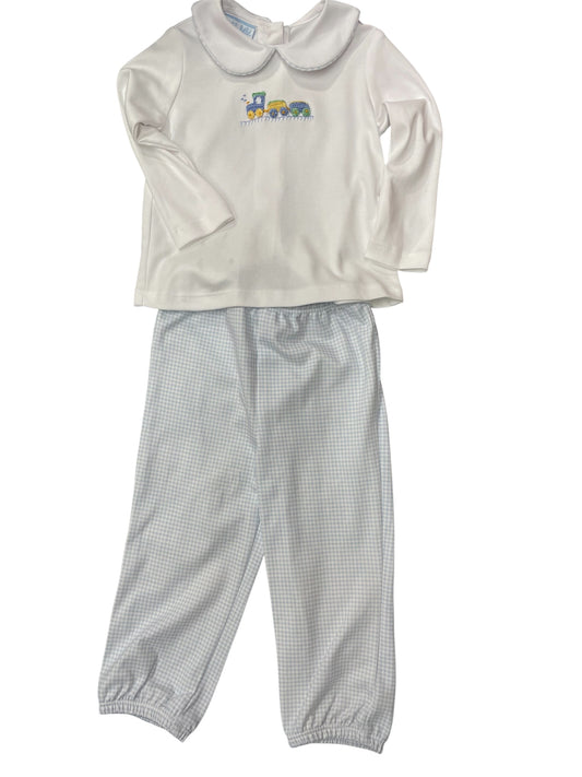 Petit Bebe Lt Blue Gingham Knit Pant Set with Train