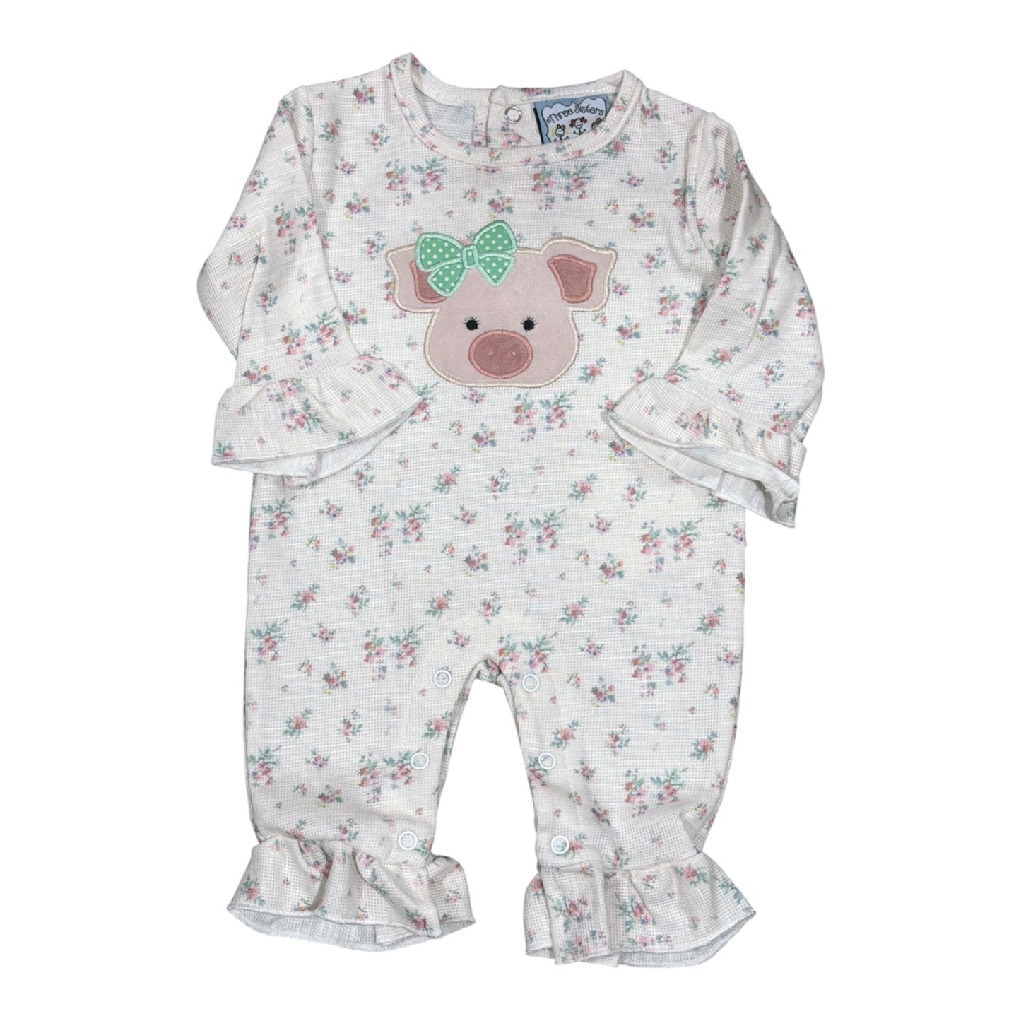 Three Sisters  Pig Applique Girls Romper