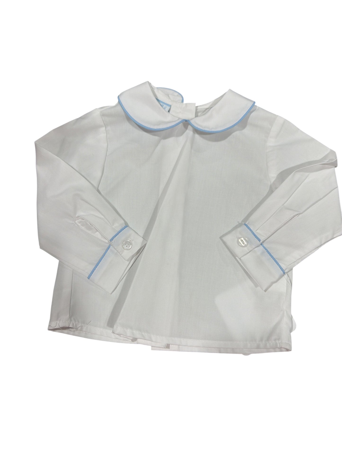 Petit Bebe White Peter Pan Shirt w/Lt Blue Pipping