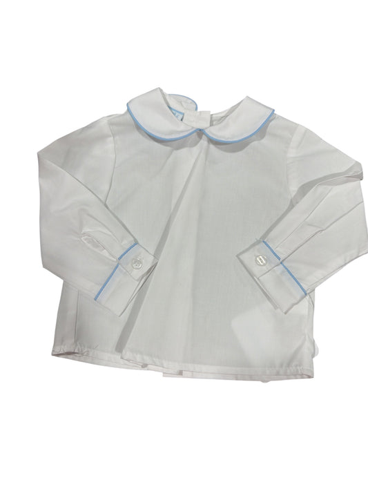 Petit Bebe White Peter Pan Shirt w/Lt Blue Pipping