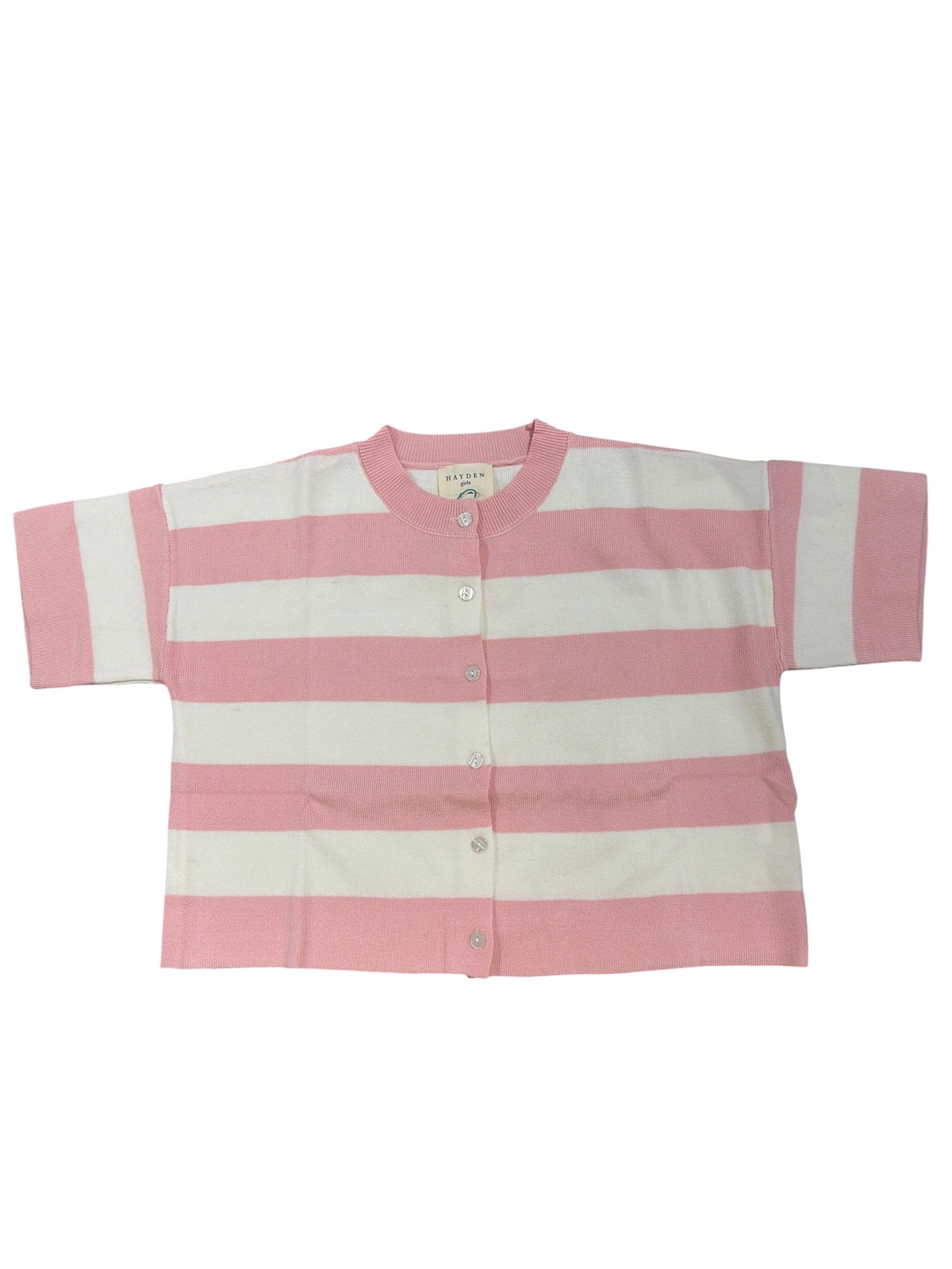 Hayden Girl Striped Button Front Knitted SS Sweater - Pink
