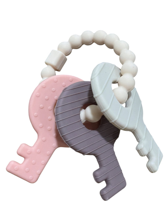Three Hearts Key Rattle Teether - Misty Rose