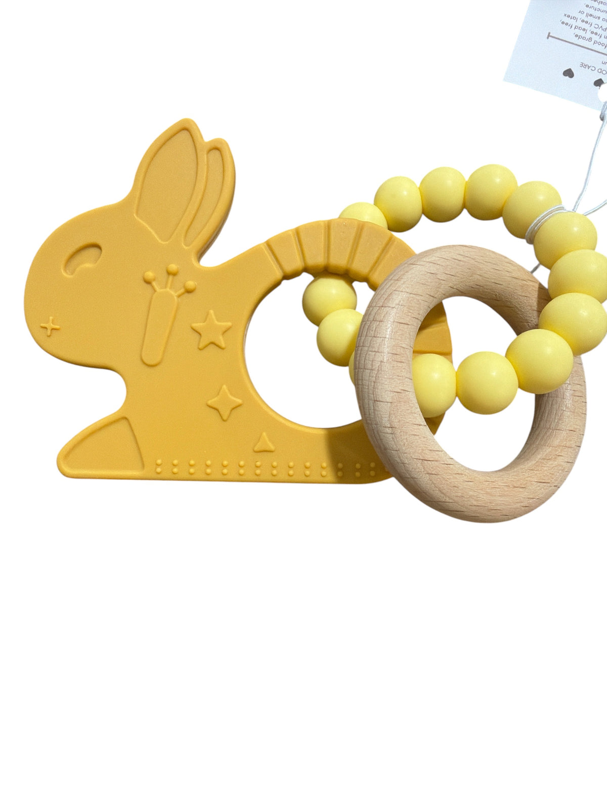 Three Hearts Bunny Rattle w/Silicone Ring - Mustard