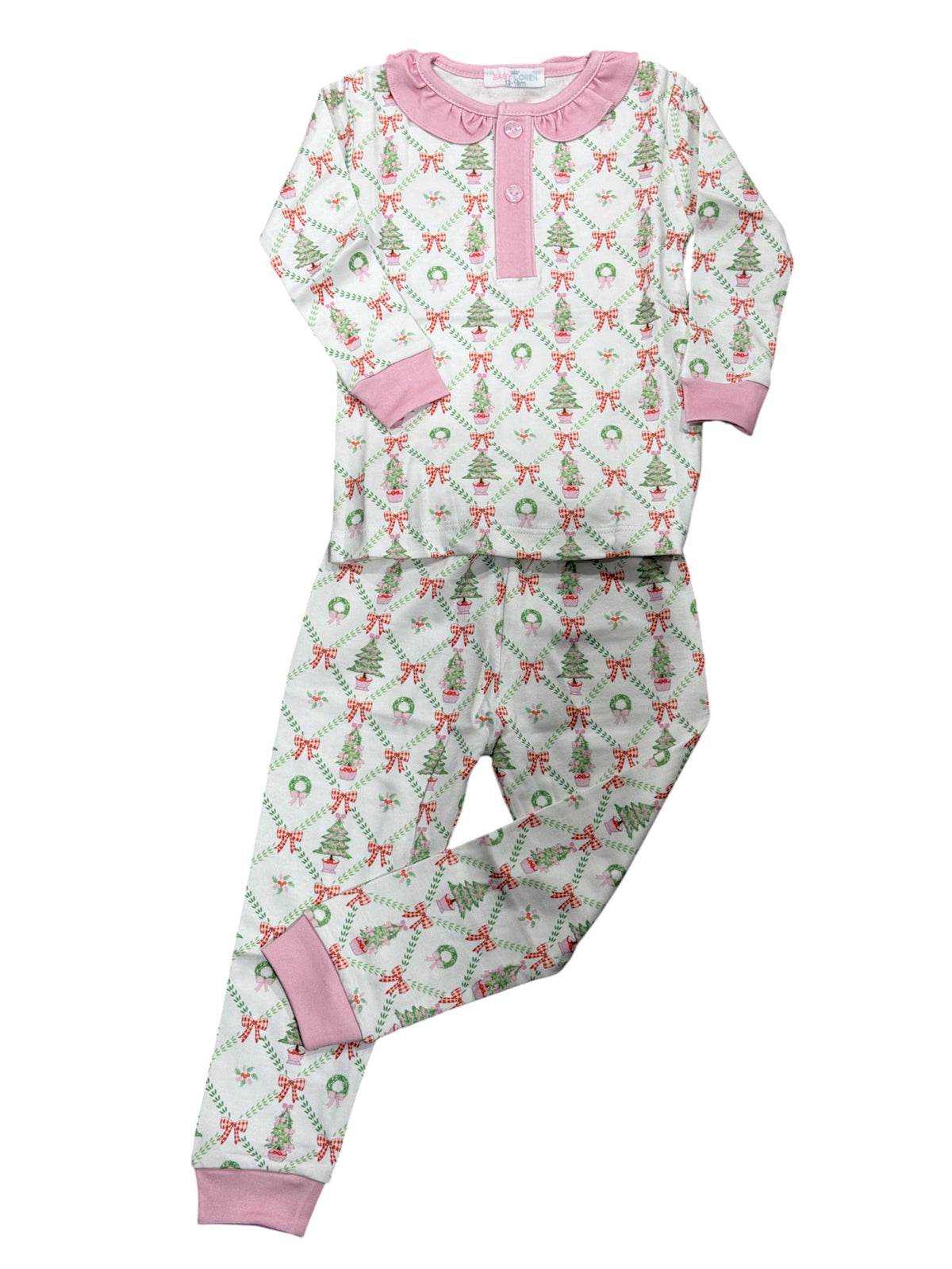 Baby Loren Christmas Trees Pima Two Pc Loungewear - Pink