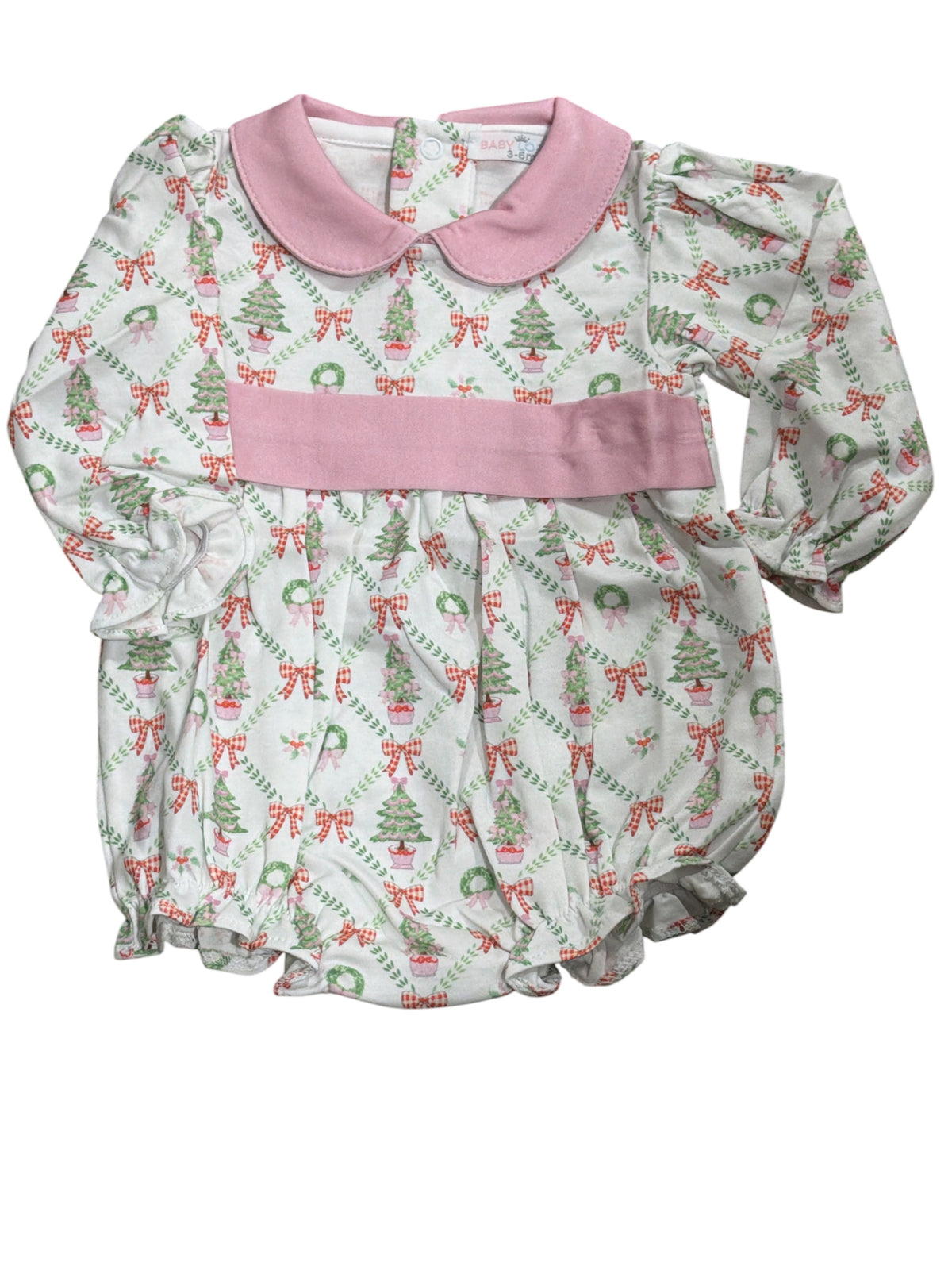 Baby Loren Christmas Trees Pima Scallop Collar Bubble - Pink