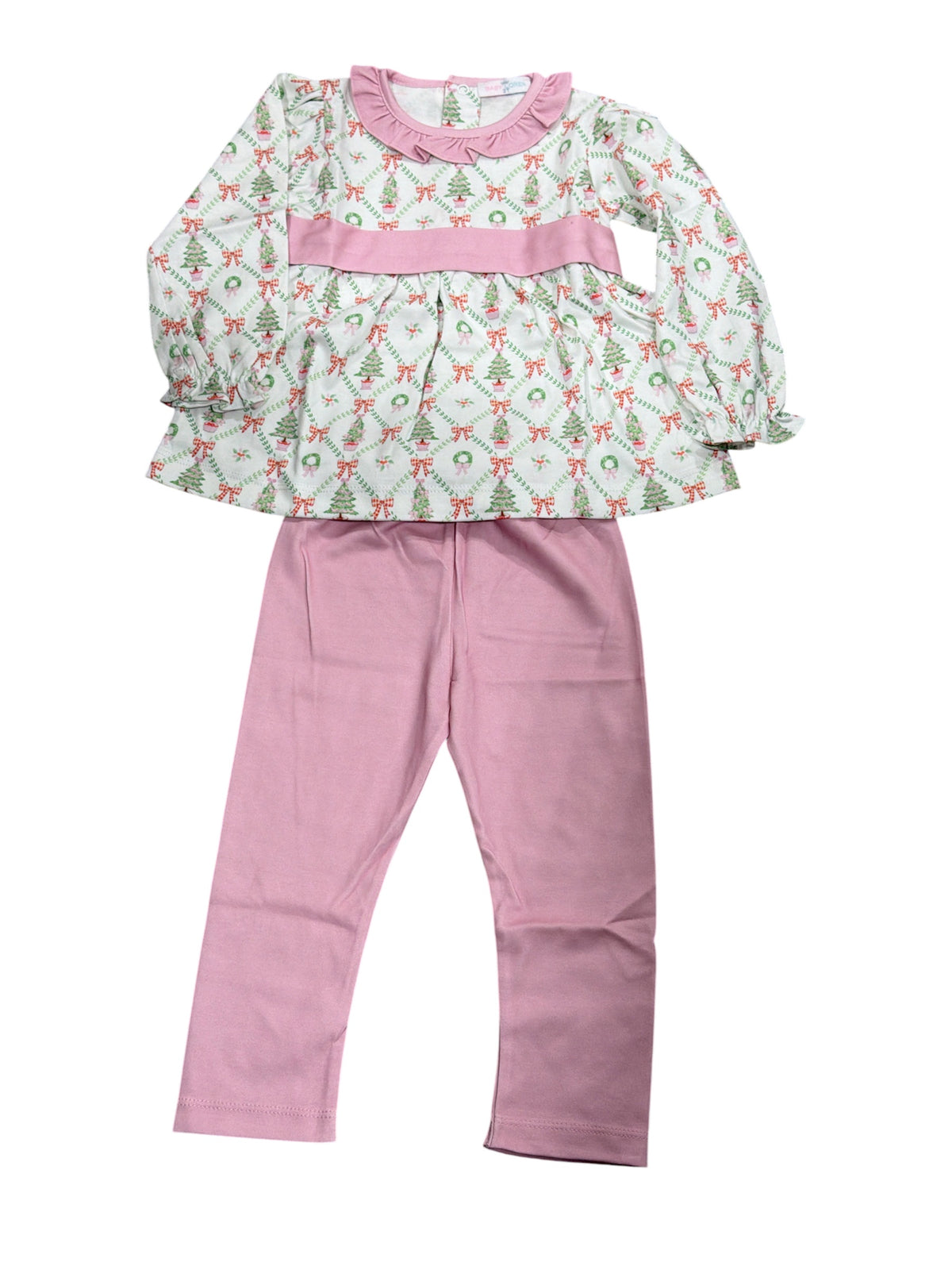 Baby Loren Christmas Trees Pima Scallop Collar Pant Set