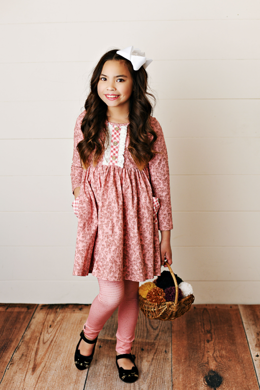 Floral Tunic Dress w/Gingham Pockets Legging Set