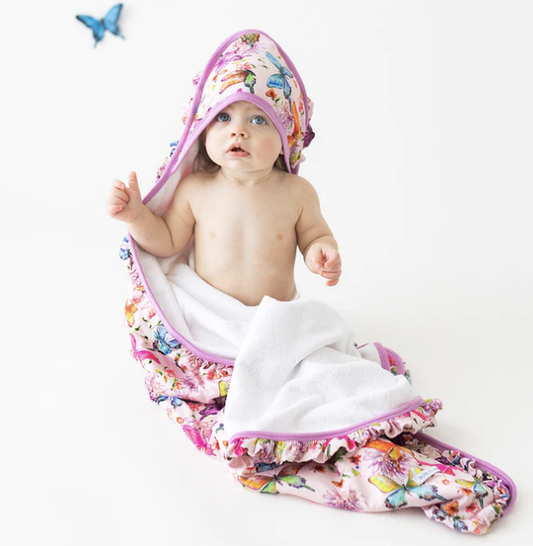 Watercolor Butterfly Ruffled Hooded Towel