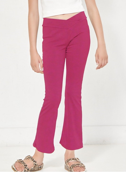 Crossover Waist Ribbed Flare Pants Hot Pink