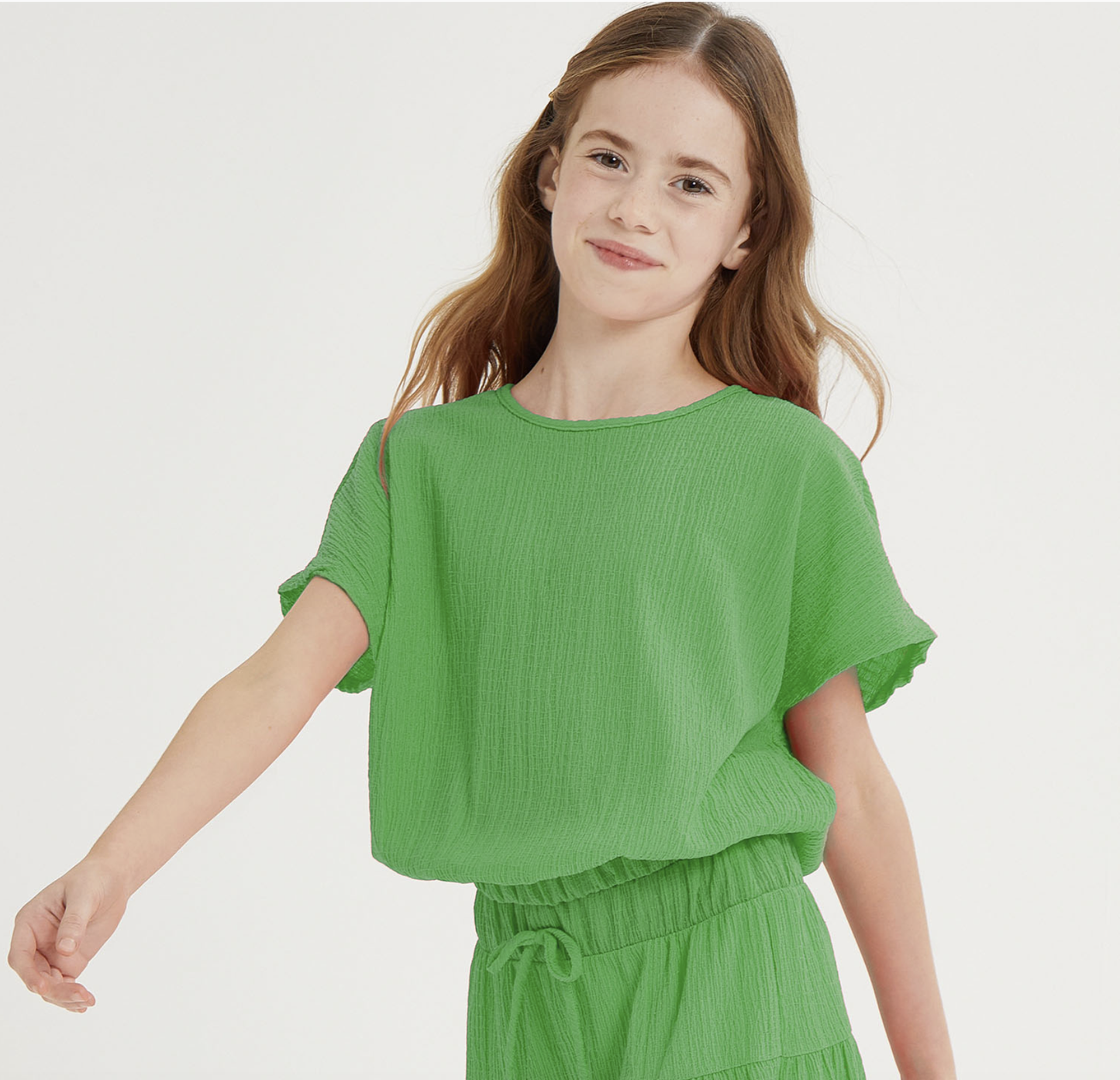 Elastic Waist Crinkled Texture Top Green