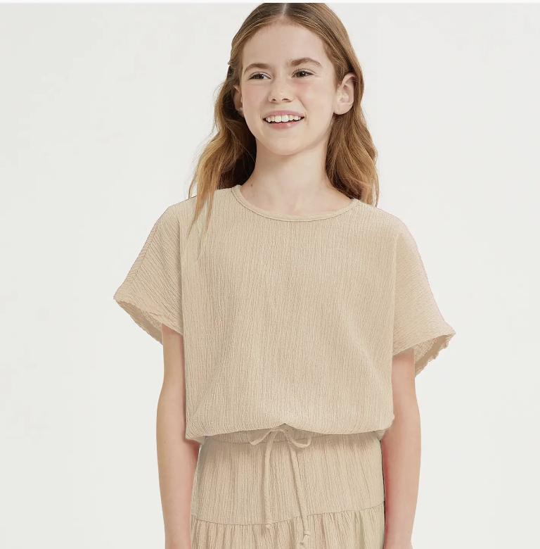 Elastic Waist Crinkled Texture Top Natural