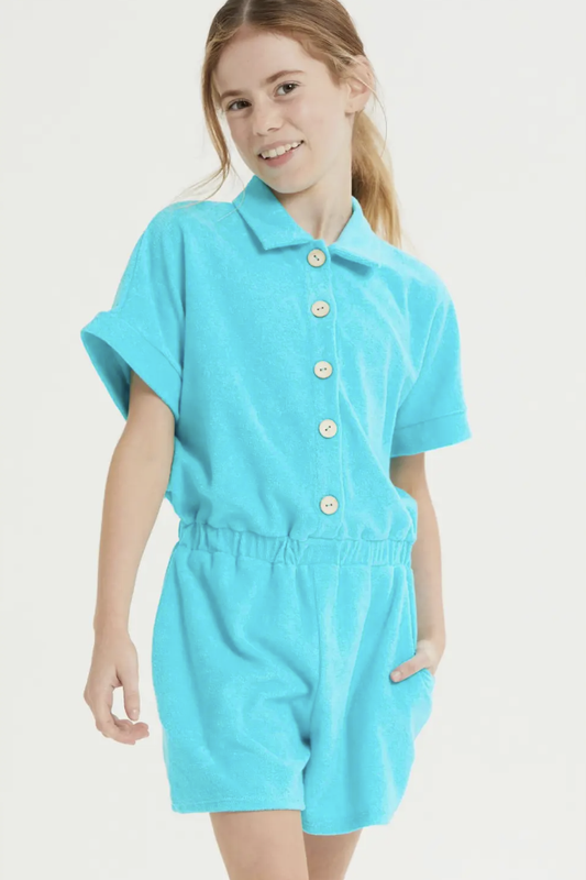 Seafoam Loop terry Collared Button Up Romper