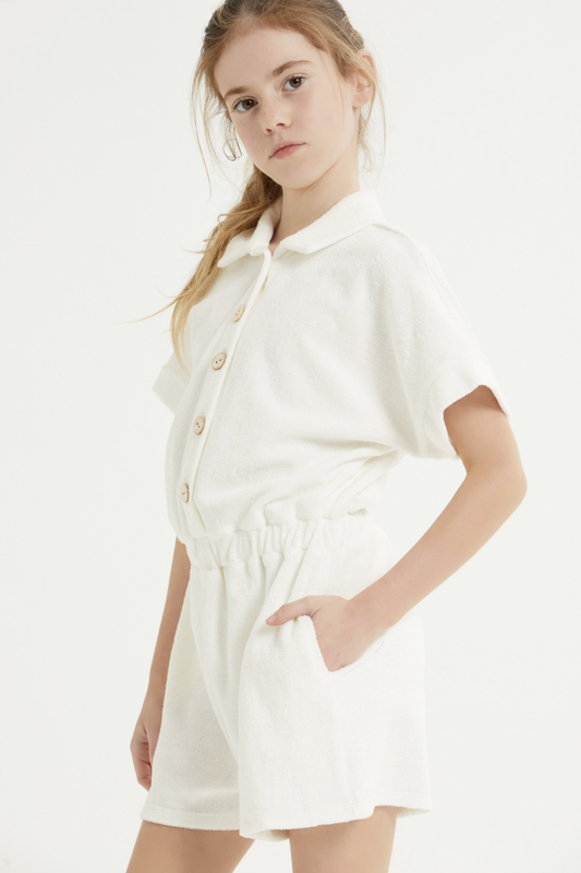 White Loop Terry Collared Button Up Romper