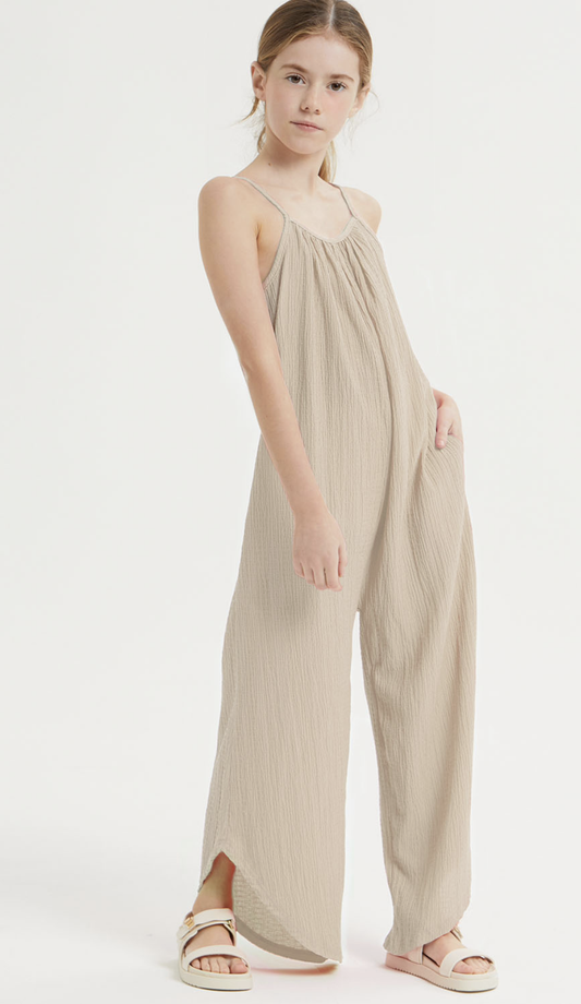 Natural Asymmetrical Hem Wide Crinkled Leg Pant