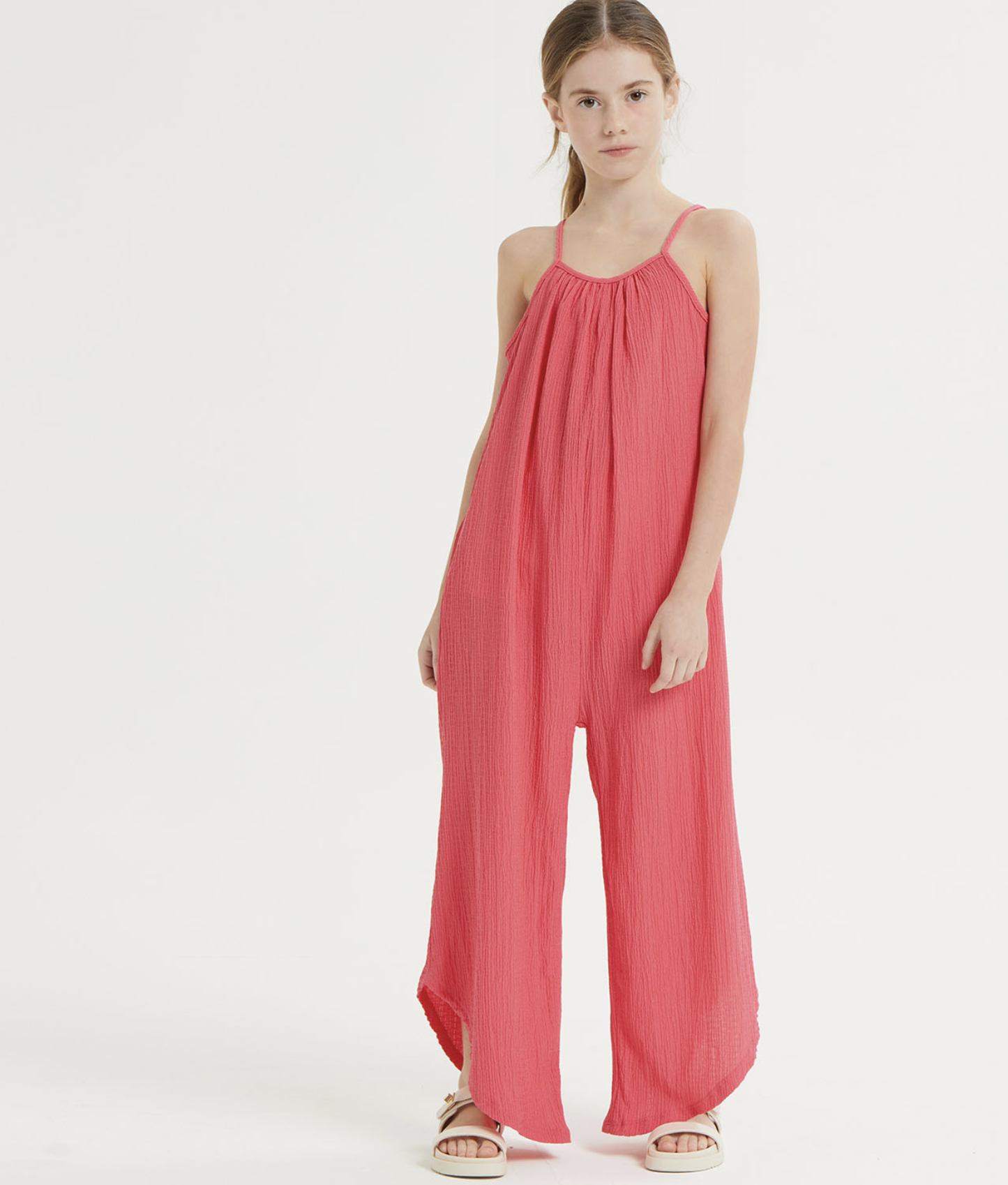 Hot Pink Asymmetrical Hem Wide Crinkled Leg Pant